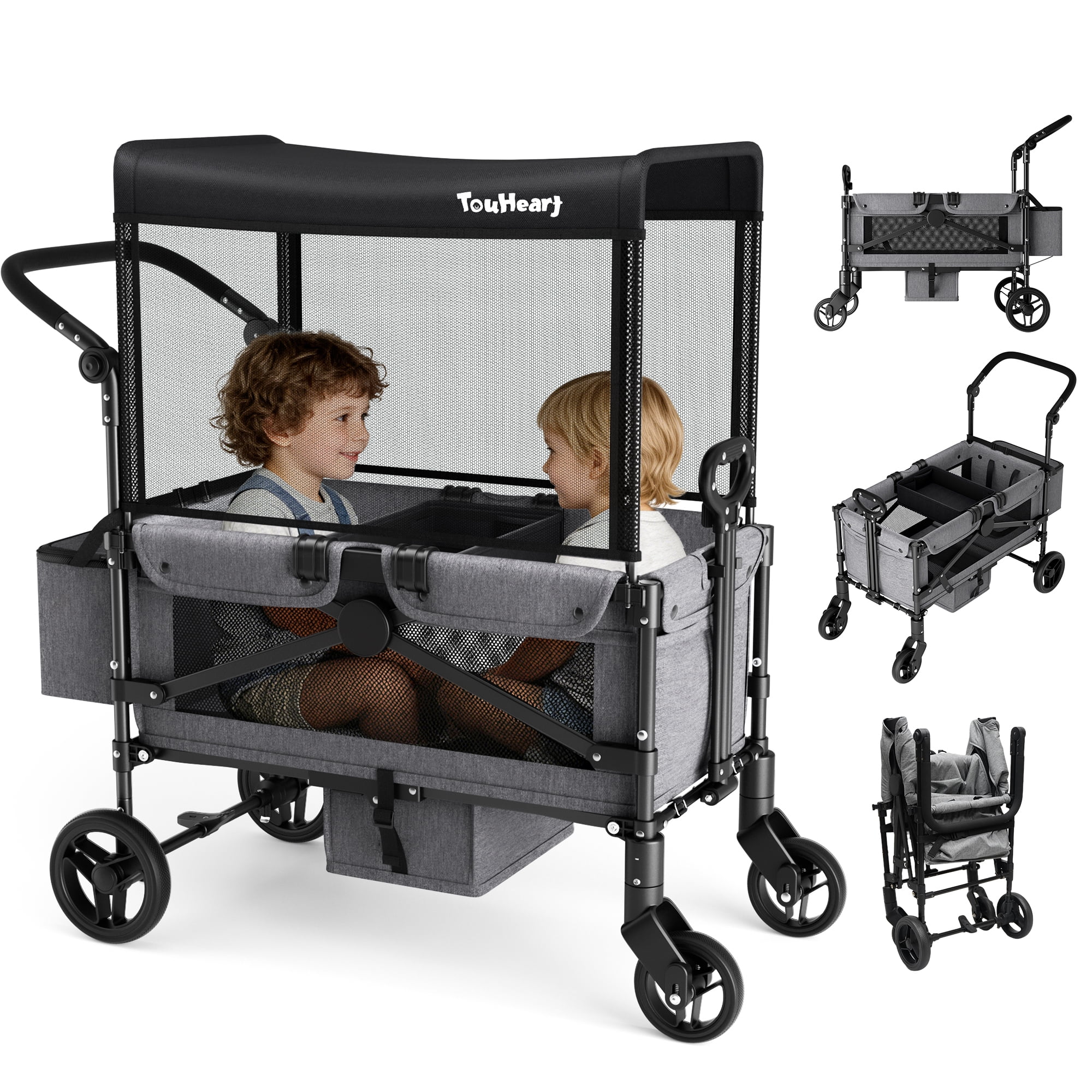 TouHeart Wagon Stroller for kids, 2 Seater Folding Stroller Wagon with Canopy, 5-Point Harness, Gray