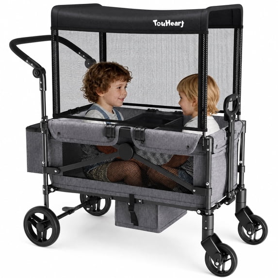TouHeart 2 Seater Wagon Stroller with Canopy, Folding Stroller Wagon for Kids, 220 lbs Capacity,Gray