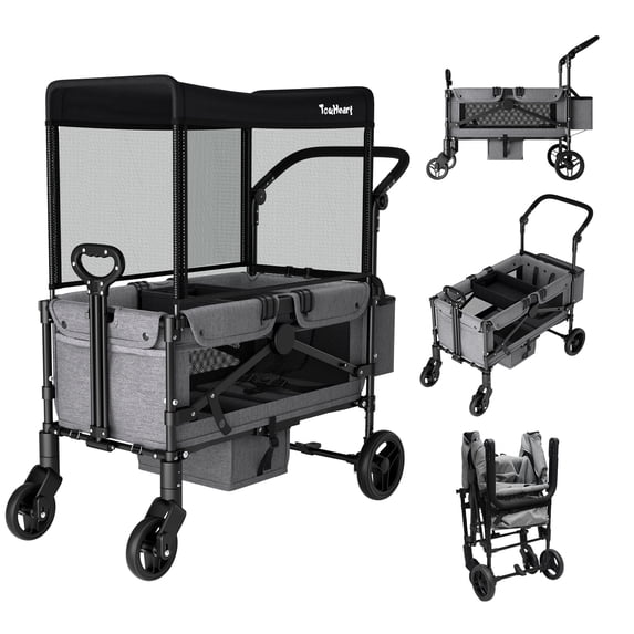 TouHeart 2 Seater Wagon Stroller with Canopy, Folding Stroller Wagon for Kids, 220 lbs Capacity,Gray