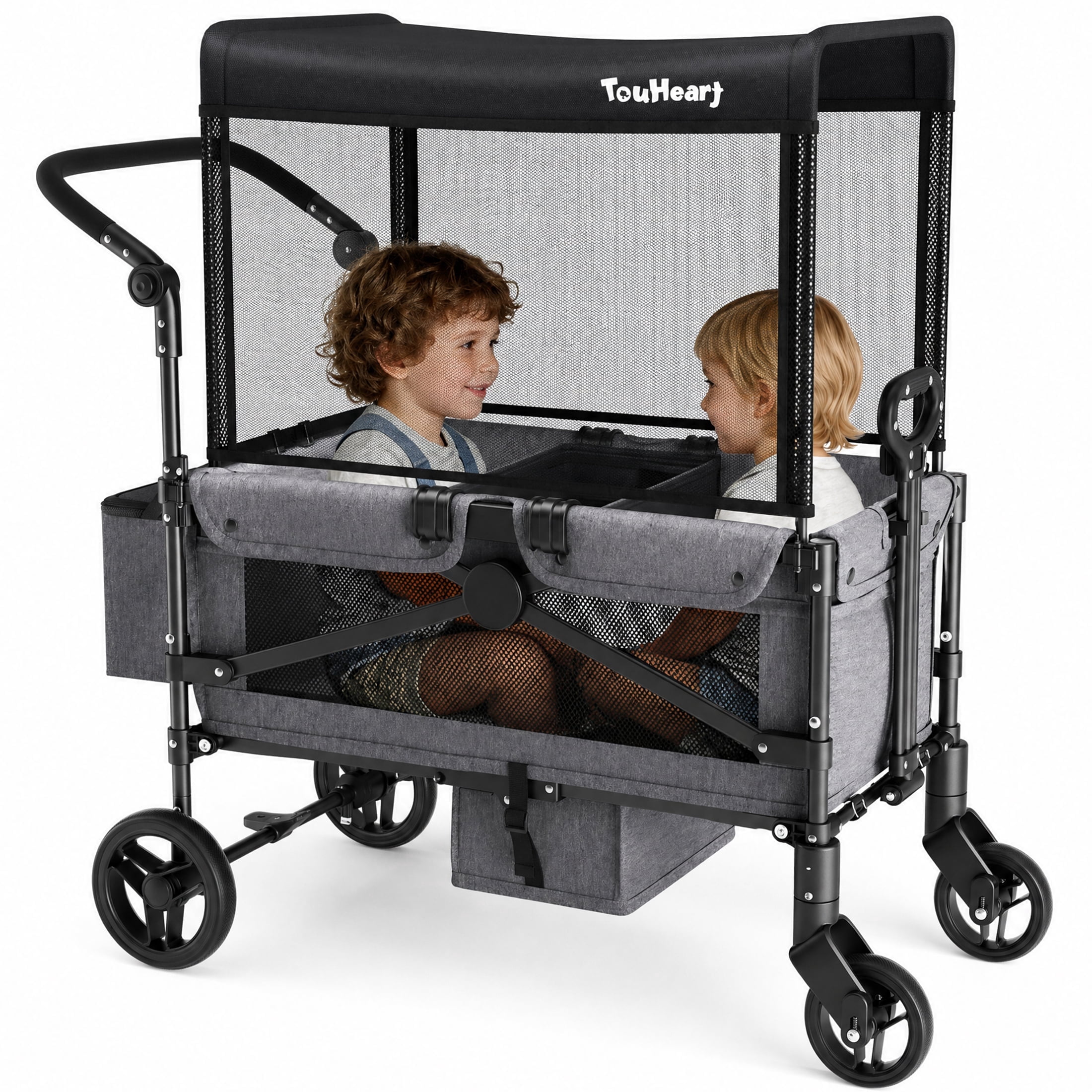 TouHeart 2 Seater Wagon Stroller with Canopy, Folding Stroller Wagon for Kids, 220 lbs Capacity,Gray