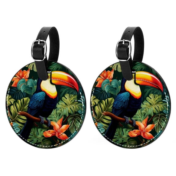 Toucan 2Pcs PU Leather Round Luggage Tags with Privacy Cover and Name ID Tag for Suitcase, Handbags, Backpacks, School Bags
