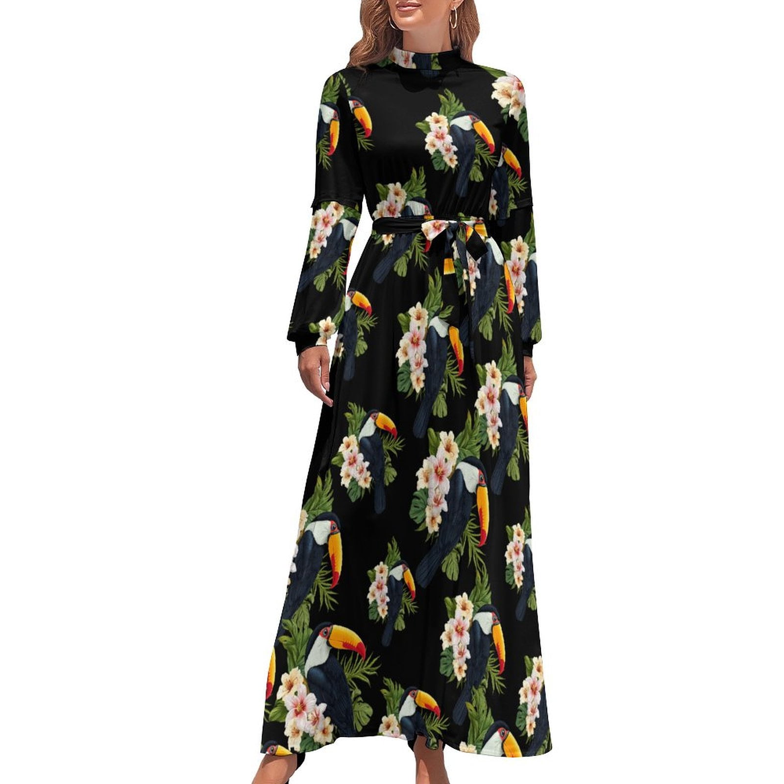 Toucan And Tropical Leaves And Flowers Women's Fall Maxi Dress Long