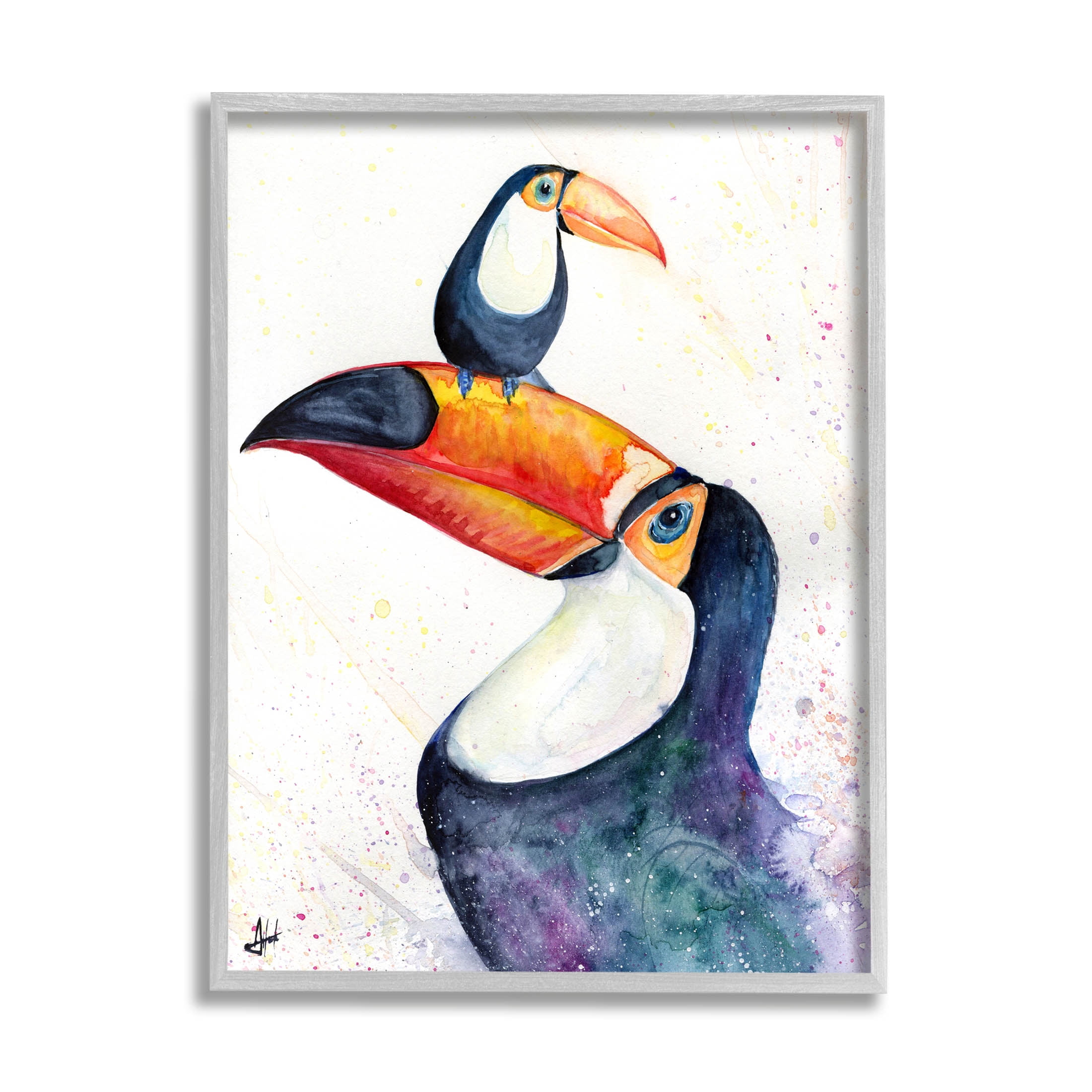 Toucan Baby & Mother Perched Animals & Insects Graphic Art Gray Framed Art Print Wall Art