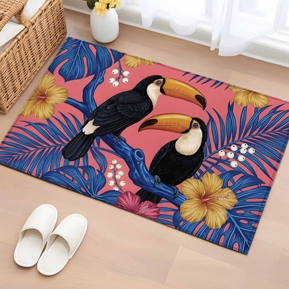 Toucan Bird 2'x3' Rug for Entryway Front Door Kitchen Sink Area, Tropical Animal Hibiscus Palm Leaf Jungle Low Pile Washable Non Slip Rectangle Area Rug