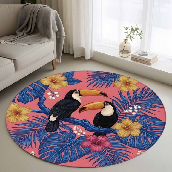 Toucan Bird 3FT Round Area Rug Tropical Animal Hibiscus Palm Leaf Jungle Soft Small Round Rugs Non-Slip, Ultra-Thin Washable Rug Low Pile Circle Carpet for Bedroom Kitchen Nursery