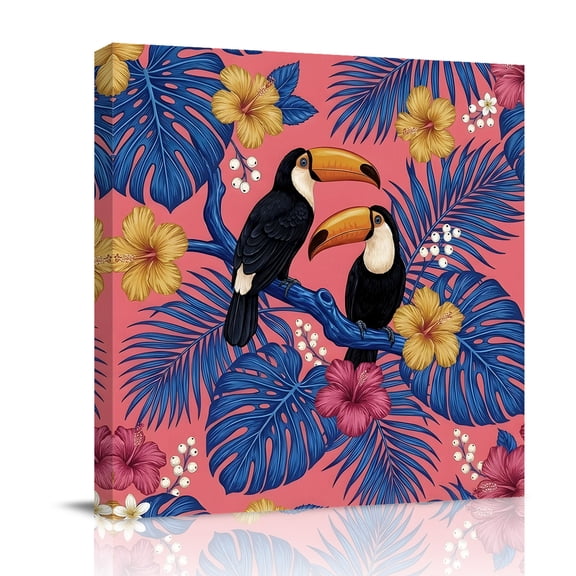 Toucan Bird Canvas Wall Art for Living Room, Tropical Animal Hibiscus Palm Leaf Jungle Poster Print Painting for Bedroom Office Home Decoration Wall Pictures Prepare To Hang 8"x8"