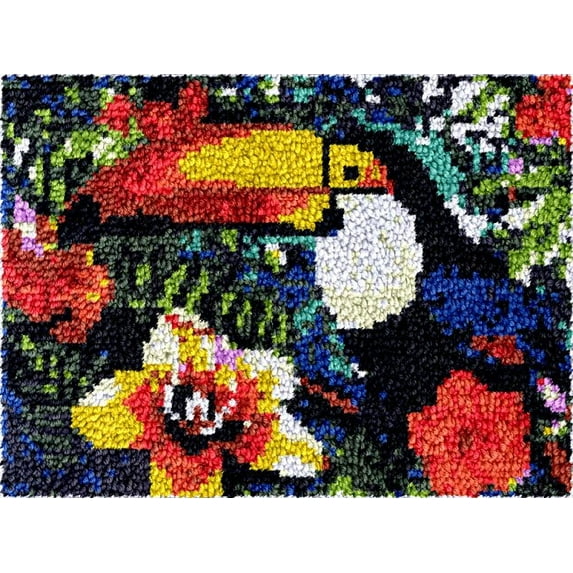 Toucan Bird & Flowers Latch Hook Kits Rug DIY Cushion Tapestry Making Crochet Hook Mat Making Kits Color Preprinted Pattern Canvas DIY Carpet Needlework Crochet Kits 52x38cm (U11-34)
