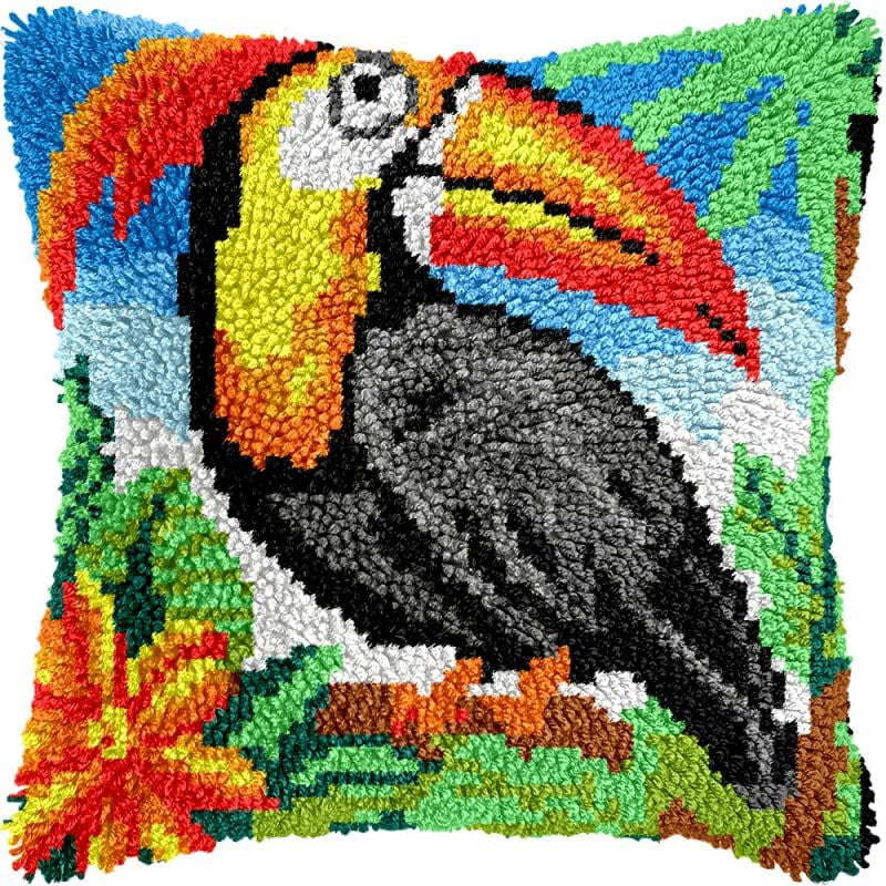 Toucan Bird Latch Hook Pillow Kits Cushion Pillowcase with Pattern Printed Canvas Sofa Hooking Pillows Crafts Embroidery Latch Hooking Crochet Kits 17x17 inch(112)