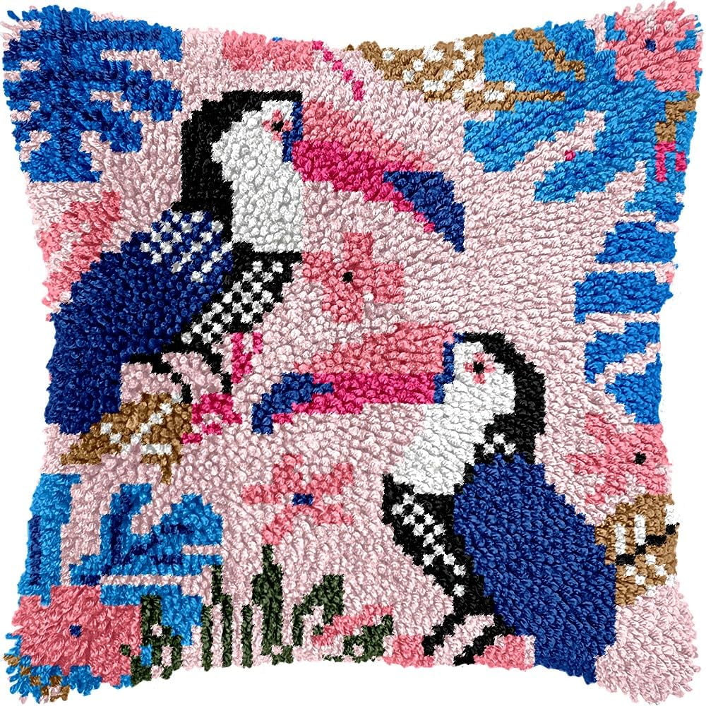 Toucan Bird Latch Hook Pillow Kits for DIY Throw Pillow Cushion Embroidery Latch Hooking Pillowcase Kits with Preprinted Canvas Crochet Yarn Kits for Home Decor 17''X 17''(d308)