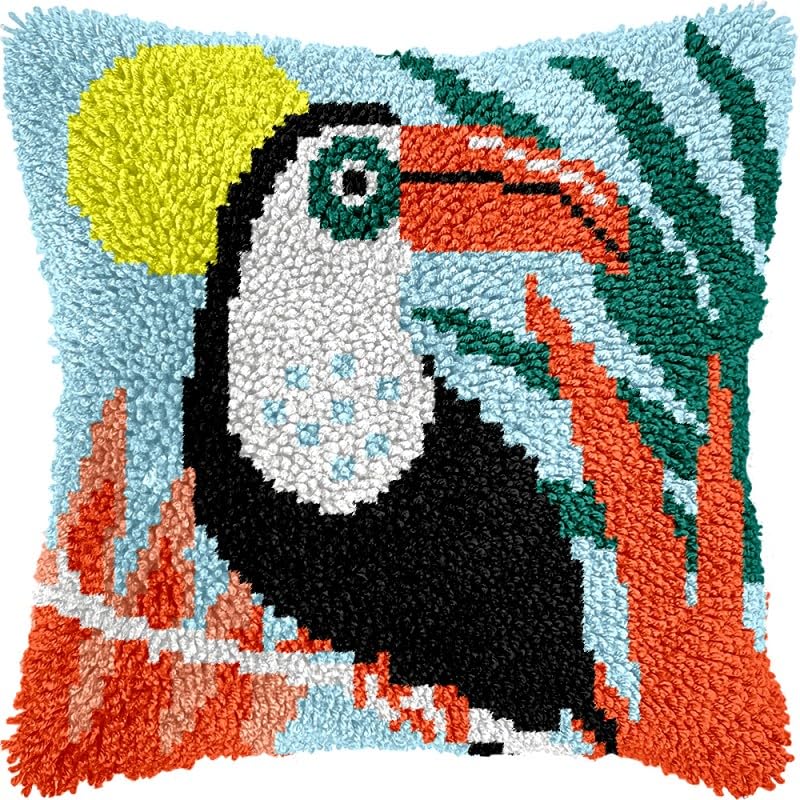 Toucan Bird Latch Hook Pillow Kits Pillow Cover with Pattern Printed Canvas Sofa Hooking Pillowcase Cushion Crafts Embroidery Latch Hooking Crochet Starter Kits 17x17 inch(1)
