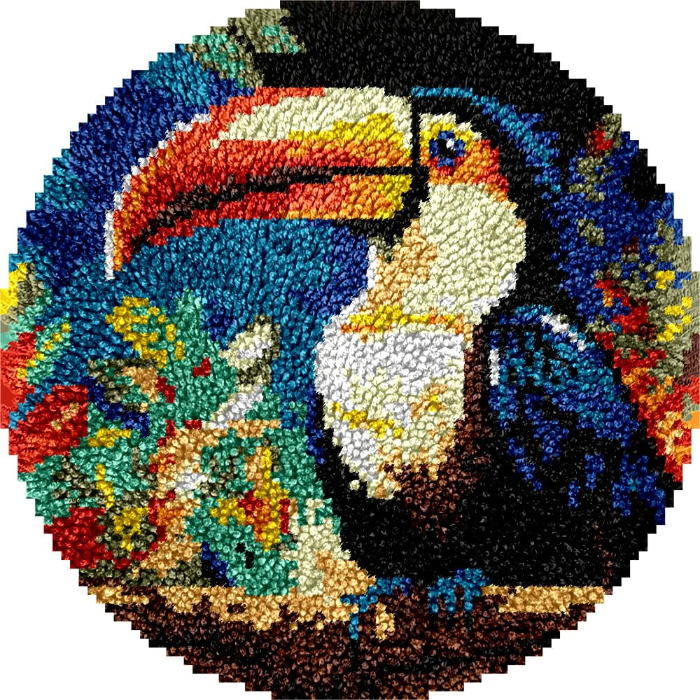 Toucan Bird Latch Hook Round Rug Kits Set for Starter Crochet Handmade Hooking Cushion Mat Sofa Seat Cushion Crocheting Kits with Preprinted Canvas Crochet Yarn Kits 50X50CM (r78)