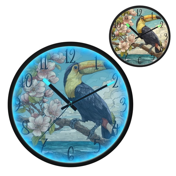 Toucan Bird Luminous Wall Clock with Sound-Activated LED 12-Inch Silent Acrylic Timepiece for Bedroom Livingroom or Office