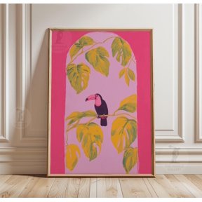 Toucan Bird Pink Background Tropical Leaves Modern Botanical Poster, Refined Botanical Theme For Office And Gallery Wall Decor