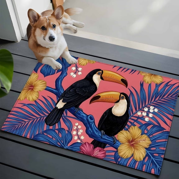 Toucan Bird Small Area Rugs 2x3 Tropical Animal Hibiscus Palm Leaf Jungle Entryway Rugs Washable Door Mat, Low-Profile Area Rugs Non Slip Floor Carpet for Living Room Bedroom Home Office