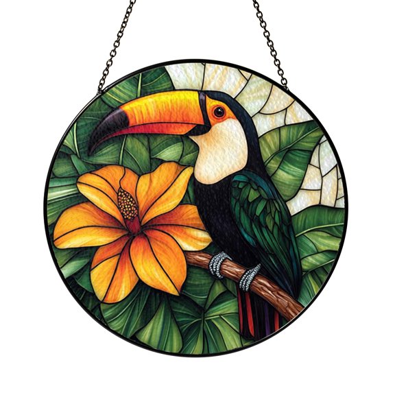 Toucan Bird Stained Glass Style Suncatcher Window Hanging Decor, Tropical Flower Toucan Window Panel Art with Jungle Wildlife Theme, Exotic Nature Window Decoration Gift