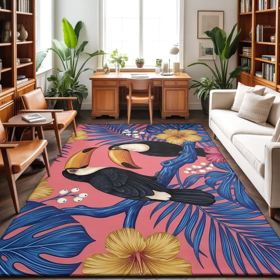Toucan Bird Washable Area Rug 9 x 12 ft Tropical Animal Hibiscus Palm Leaf Jungle, Soft Non Slip Rugs Stain Repellent Indoor Felt Carpet for Living Dining Room Bedroom Home Office