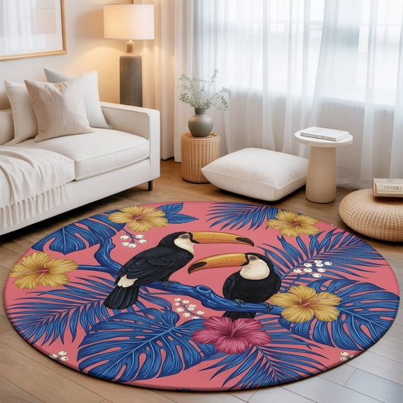 Toucan Bird Washable Round Area Rug 3 ft, Tropical Animal Hibiscus Palm Leaf Jungle, Soft Non Slip Rugs Stain Repellent Indoor Felt Carpet for Living Dining Room Bedroom Home Office