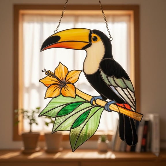 Toucan Exotic Tropical Bird Acrylic Suncatcher Flower Window Hanging Jungle Wildlife Wall Art Gift for Bird Lover