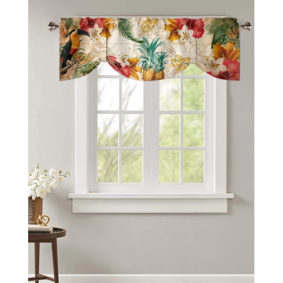 Toucan Flower Fruit Pineapple Map Window Valance Curtain Kitchen Cafe Short Curtains Living Room Tie-Up Valance Curtain