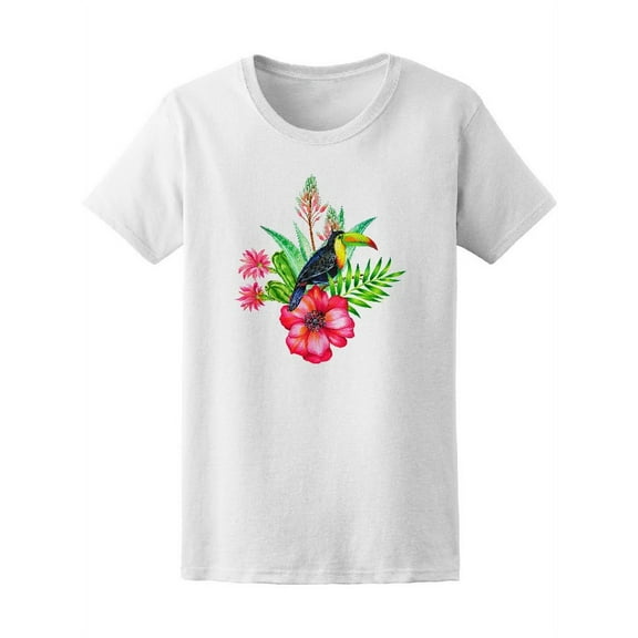 Toucan Flowers Exotic Tropical T-Shirt Women -Image by Shutterstock, Female Large