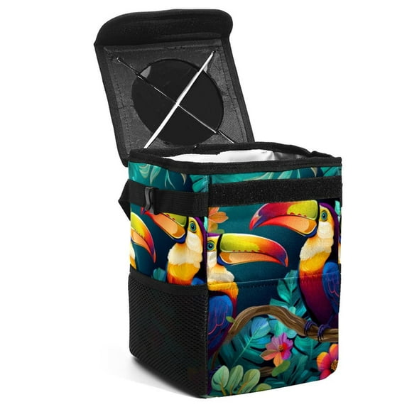 Toucan Foldable Car Trash Bin with Lid, Leak-Proof Mini Trash Can for Car with Hanging Storage Bag