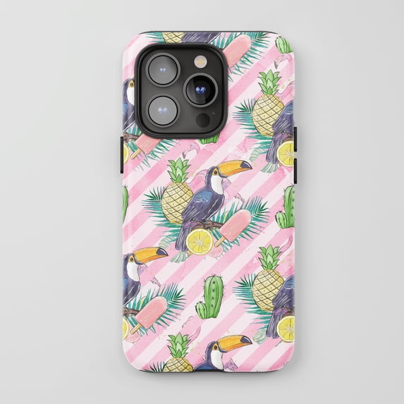 Toucan For All iPhone Series Protective Phone Case Tropical Watercolor Pink Striped