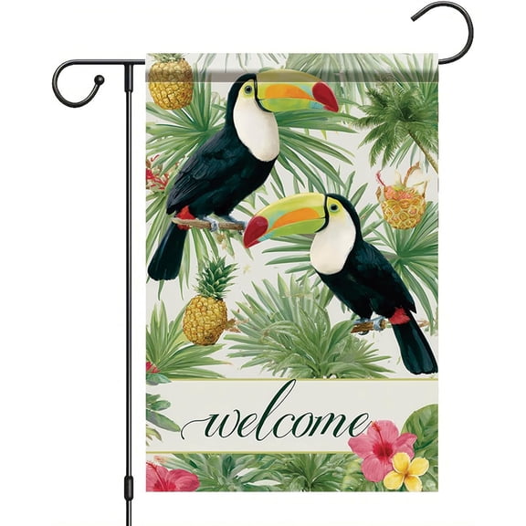 Toucan Garden Flag Tropical Bird Pineapple Palm Leaves Outdoor Yard Porch Lawn Garden Decor for Summer Island Patio Farmhouse Coastal Seasonal Display