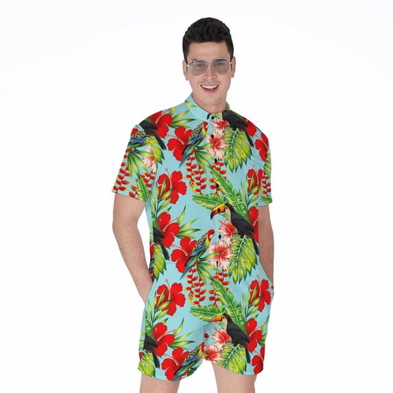 Toucan Parrot Tropical Pattern Short Sleeve Men'S Rompers, Tropical Floral Hawaiian Parrot Casual Summer Jumpsuits Outfit
