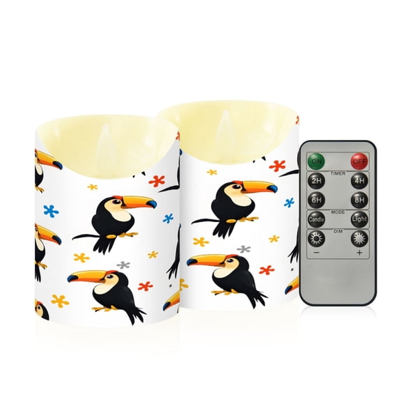 Toucan Pattern Flameless Candles 2 PCS with Remote Realistic Moving Flame LED Tapered Pillar Set for Home Decor