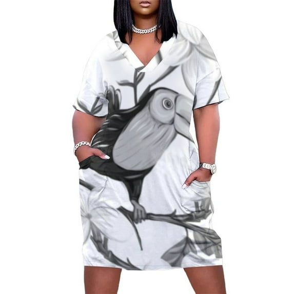 Toucan Perched Blooming Flowers Branch Women's Loose Short Sleeve Dress Casual Summer Plus Size Long Dresses with Pockets