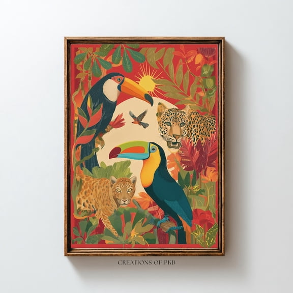 Toucan Poster Vibrant Tropical Jungle Art with Leopard Illustration 8x10 UNFRAMED