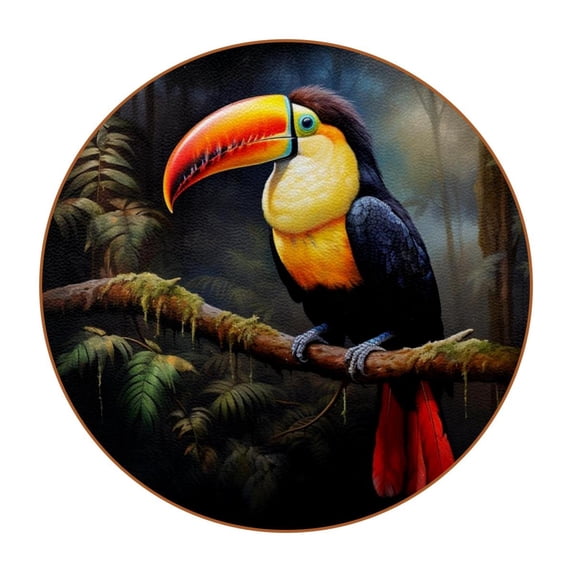 Toucan Set of 6 Round Microfiber Leather Coasters, 11x11 cm Drink Coasters for Home and Kitchen, Stylish Absorbent Coasters for Decor
