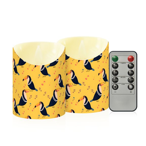 Toucan Singing Pattern Flameless Candles 2 PCS with Remote Realistic Moving Flame LED Tapered Pillar Set for Home Decor