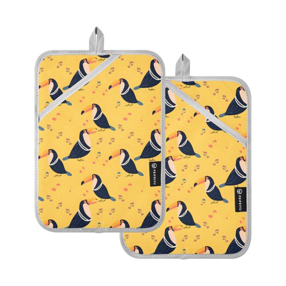 Toucan Singing Pattern Pot Holder Set 2 Piece Non-Slip Oven Hot Pads Heat Resistant Durable 7x9.8in