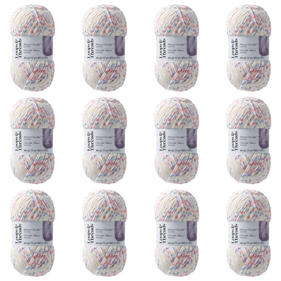 Loops & Threads Toucan Skinny Chenille Multi Yarn - Medium Weight Yarn for Knitting, Crochet, Weaving, Arts & Crafts, 12 Pack