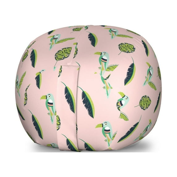Toucan Storage Toy Bag Chair, Repetitive Aloha Theme Tropical Birds Leaves Monstera Plant Illustration, Stuffed Animal Organizer Washable Bag, Large Size, Blush and Multicolor, by Ambesonne