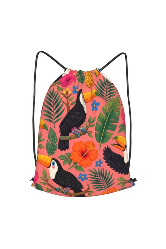 Toucan Tropical Folk Pattern Drawstring Backpack Gym String Bag Sports Sackpack Cinch Sack, S
