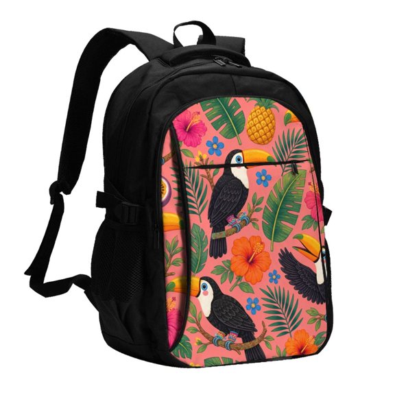 Toucan Tropical Folk Pattern Laptop Backpack with USB Charging Headphone Port Casual Daypack Bag College Business Travel
