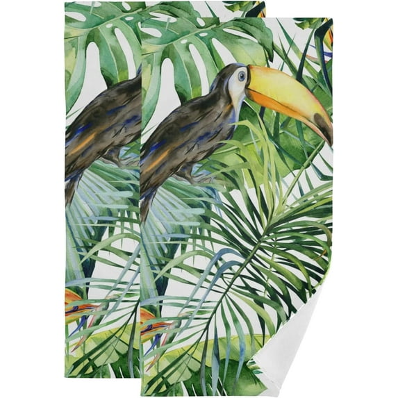Toucan Tropical Palm Hand Towels for Bathroom, Green Leaves Kitchen Towel 2 PCS Ultra Soft and Highly Absorbent Decorative Fingertip Face Bath Towels for Spa & Hotel, 28.3"x 14.4"