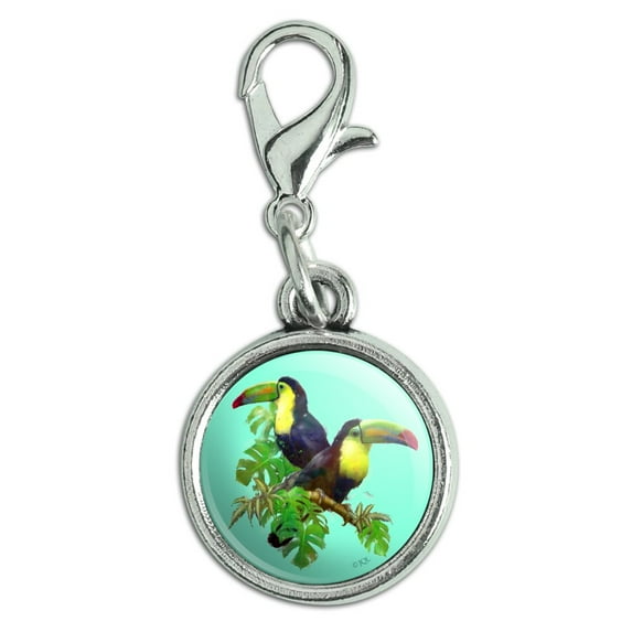 Toucan Tropics Tropical Rainforest Watercolor Antiqued Bracelet Pendant Zipper Pull Charm with Lobster Clasp