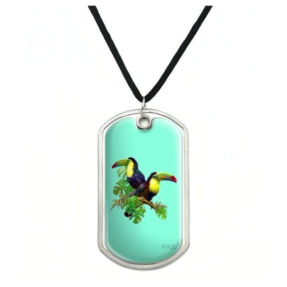 Toucan Tropics Tropical Rainforest Watercolor Military Dog Tag Pendant Necklace with Cord