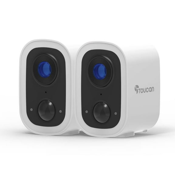 Toucan Wireless Security Camera S4 2-Pack, 2K Video, No Monthly Fees, Weatherproof, 2.4 GHz Wi-Fi, Rechargeable, Smart PIR Motion Sensor, Auto Greetings, two-way talk