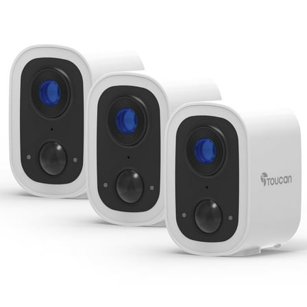 Toucan Wireless Security Camera S4 3-Pack, 2K Video, No Monthly Fees, Weatherproof, 2.4 GHz Wi-Fi, Rechargeable, Smart PIR Motion Sensor, Auto Greetings, two-way talk