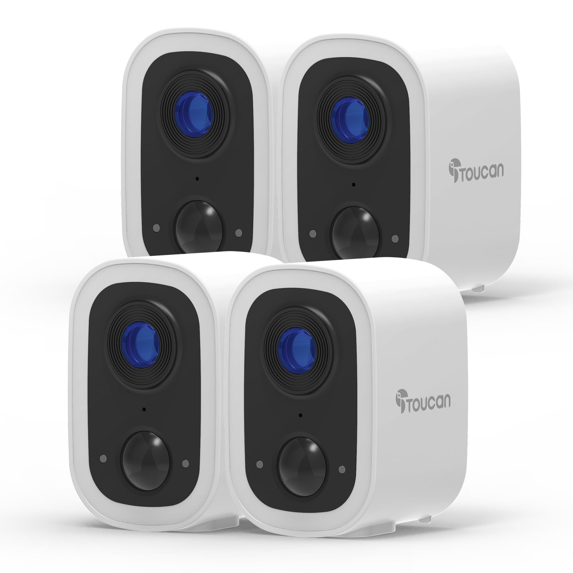 Toucan Wireless Security Camera S4 4-Pack, 2K Video, No Monthly Fees, Weatherproof, 2.4 GHz Wi-Fi, Rechargeable, Smart PIR Motion Sensor, Auto Greetings, two-way talk