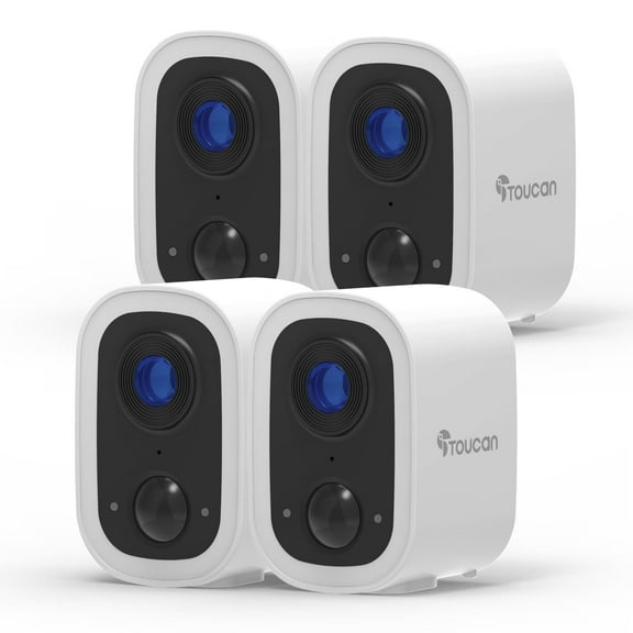 Toucan Wireless Security Camera S4 4-Pack, 2K Video, No Monthly Fees, Weatherproof, 2.4 GHz Wi-Fi, Rechargeable, Smart PIR Motion Sensor, Auto Greetings, two-way talk