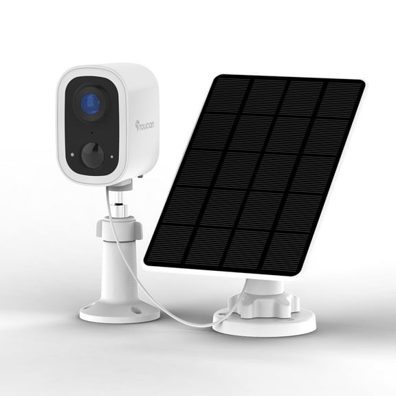 Toucan Wireless Security Camera S4 2K Video, and EcoPower Solar Charger Bundle, No Monthly Fees, Weatherproof, 2.4 GHz Wi-Fi, Rechargeable, Smart PIR Motion Sensor, Auto Greetings, two-way talk