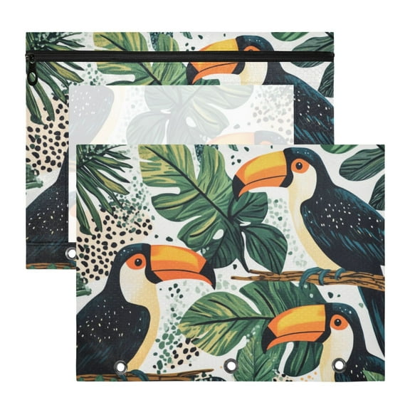 Toucans in Jungle Leaves Leopard Print 3-Ring Binder Pouches A4 Size Zipper Pocket File Storage 2 Packs