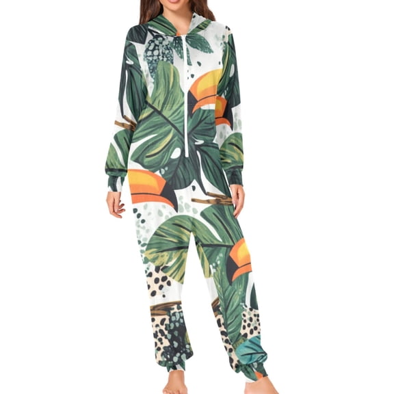 Toucans in Jungle Leaves Leopard Print Adult's Hoodie Onesie Jumpsuit One-Piece Pajamas with Zipper Unisex for Holiday M