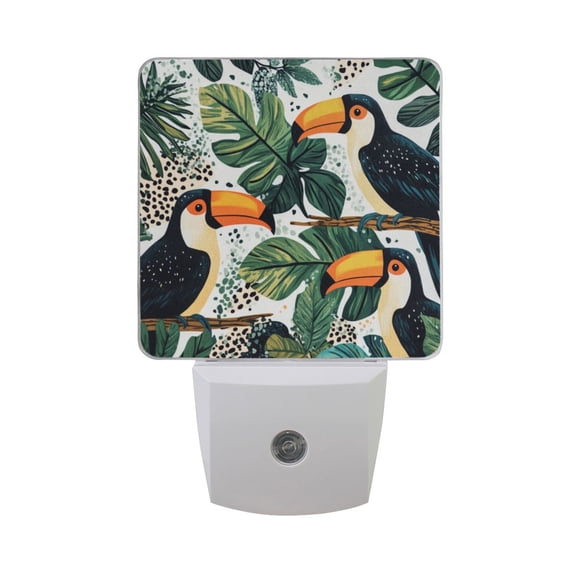 Toucans in Jungle Leaves Leopard Print LED Night Light with Smart Sensor Plug Into Wall Dusk to Dawn 2 packs