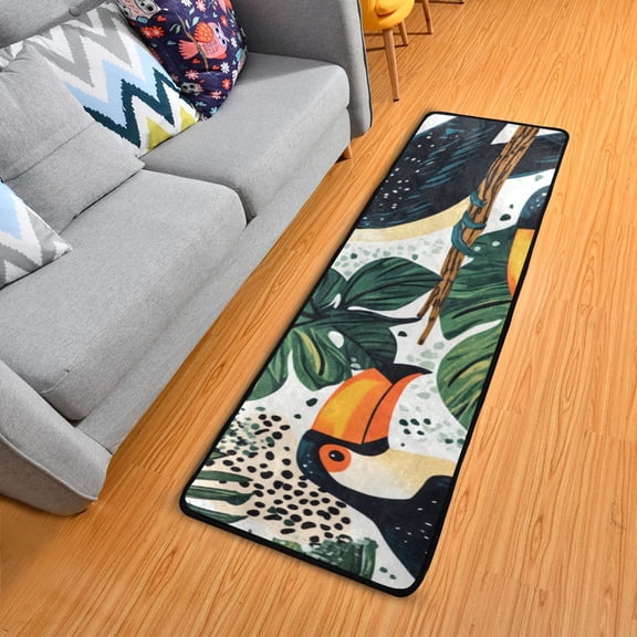 Toucans in Jungle Leaves Leopard Print Long Floor Mat Runner Rug Area Mat Noise Reduction Water Absorbent Non-Slip 72" x 24"